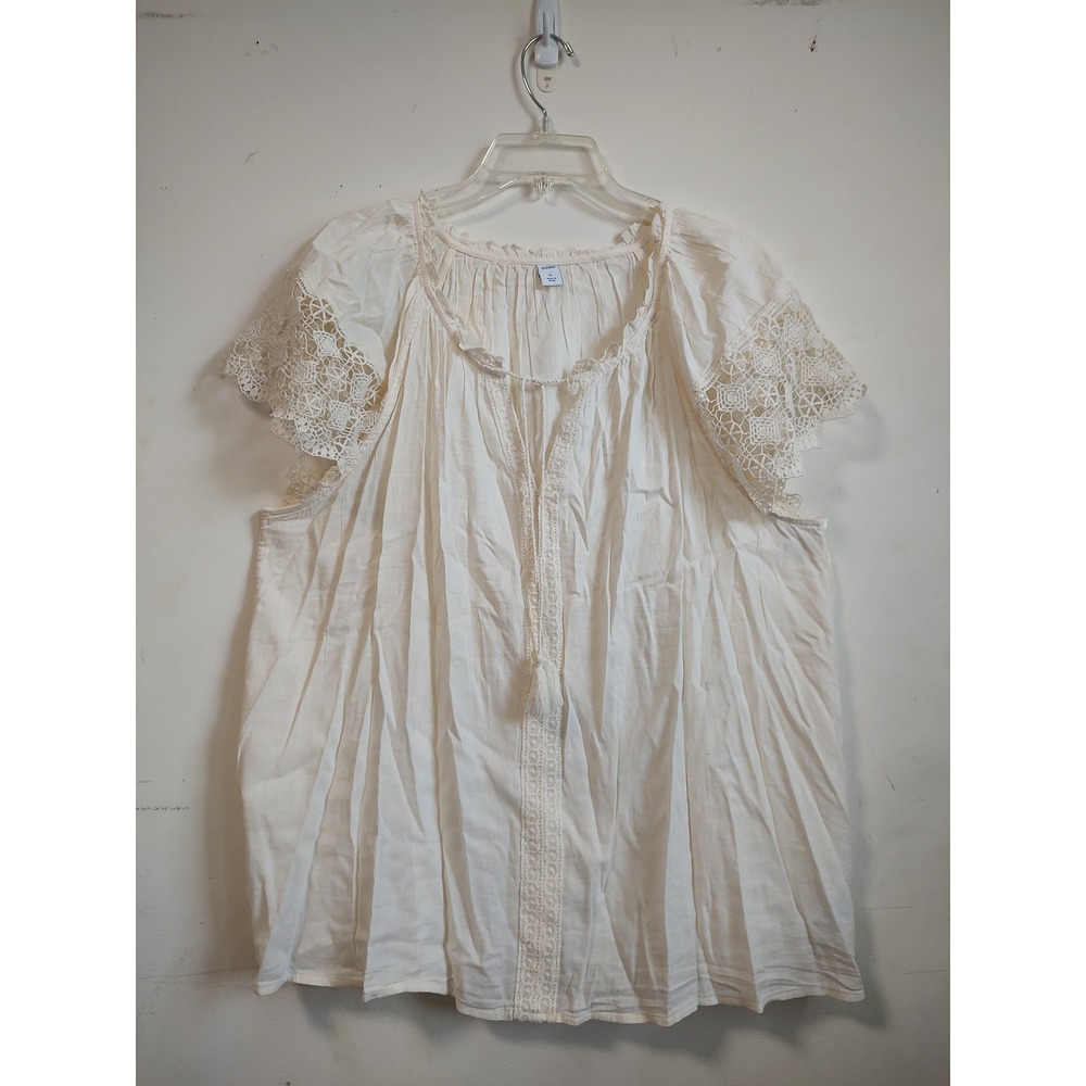 Old Navy Womens XL Ivory Crochet Lace Flutter Sleeve Tassel Peasant Blouse Top